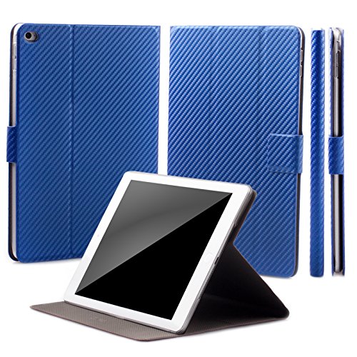 iCues Apple iPad Air 2 Manzano Bolsa | 360 la función del Soporte de Carbono Azul | Soporte Prima Extra Ligero de Cuero Muy Fino - Libro bisagras Caja Protectora de l Funda Carcasa Bolsa Cover Case