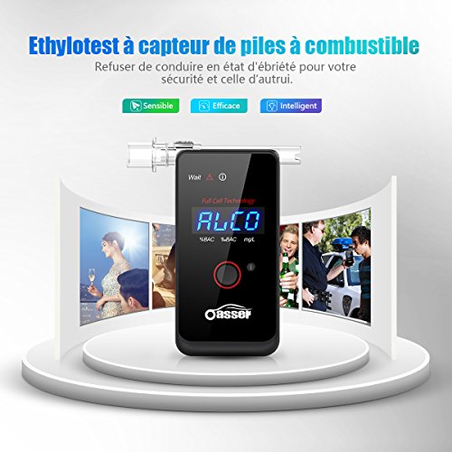 Oasser Alcootest Professionnel Ethylotest à capteur de piles à combustible avec Affichage Numérique LCD Batterie Intégrée Rechargeable 4 Embouts