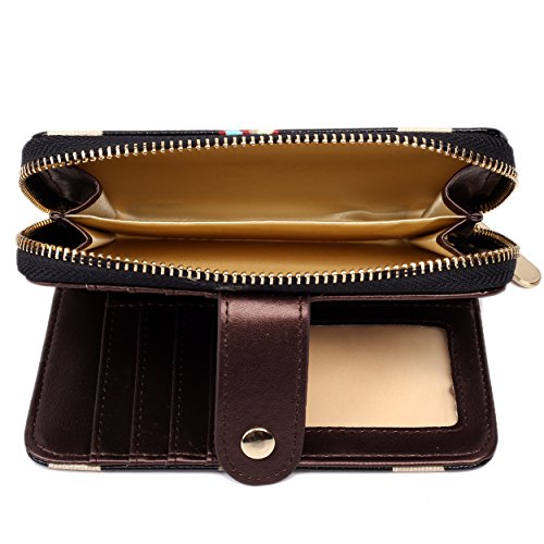 Miss Lulu Designer Oilcloth Floral Spot Polka Dot Butterfly Horse Folded Zip Wallet Purse (Butterfly Black)