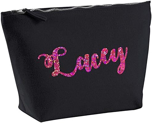 Lacey Personalised Name Cotton Canvas Black Make Up with a Holographic Pink Print Accessory Bag Wash Bag Size 14x20cm. The perfect personalised Gift for All occasion, Christmas, Birthdays,