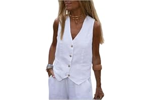 KWTF Chaleco de Lino y algodón de Color Liso para Mujer, Chaleco para Llevar en el Exterior, Chaleco para IR al Trabajo con Traje, Chaleco para Mujer