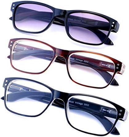 Value 3-Pack Retro Wayfarer Style Reading Glasses including One Sun Reader. Stylish Rectangular Two Tone Transparent Frame with Spring Hinges, +1.50, +2.00, +2.50, +3.00, AZ3002 (Strength + 2.00)