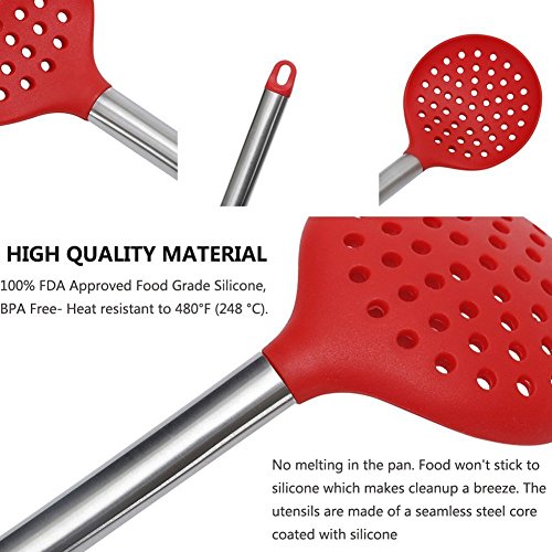 ESNBIA Silikon Küchenhelfer Set von 7 Stücke– Hitzebeständige Pfannenwender Turner, Schaumlöffel , Suppenkelle , Pasta Löffel , Suppenlöffel , Schlitzlöffel – Set mit Halter - 3