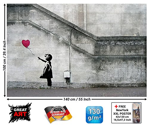 GREAT ART XXL Poster - Banksy Art Balloon Girl - Wandbild Dekoration There is Always Hope Banksy Girl Balloon Banksi Street Style Stencil Wandposter Fotoposter Wanddeko (140 x 100 cm)