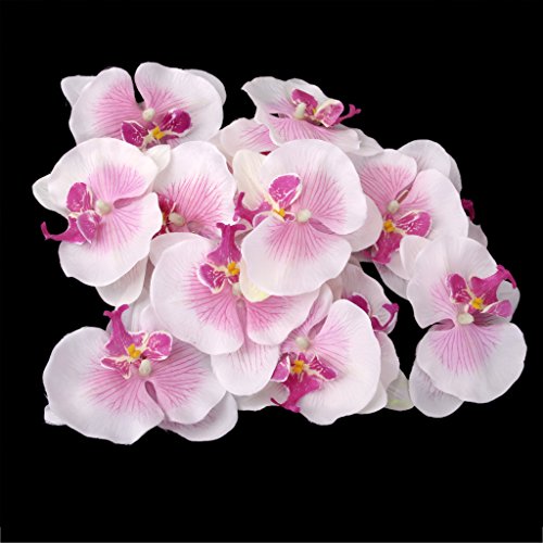 Generic 20x Kunstblumen Orchidee Blumen Köpfe , Schmetterlingsorchidee Blüten Blumenköpfe Hochzeit Dekoration – Weiß mit Lila, 9cm - 7