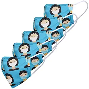 Creative Kids Blue & Black Printed Reusable Comfortable Unisex Cotton Face Mask For Kids, Pack of 5