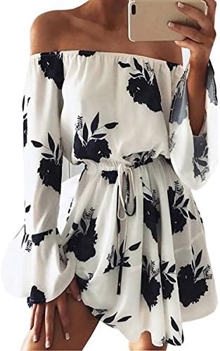AKABELA Women's Summer Dresses Long Sleeves Off Shoulder Dress Flowers Pattern Short Beach Dress Mini Dress
