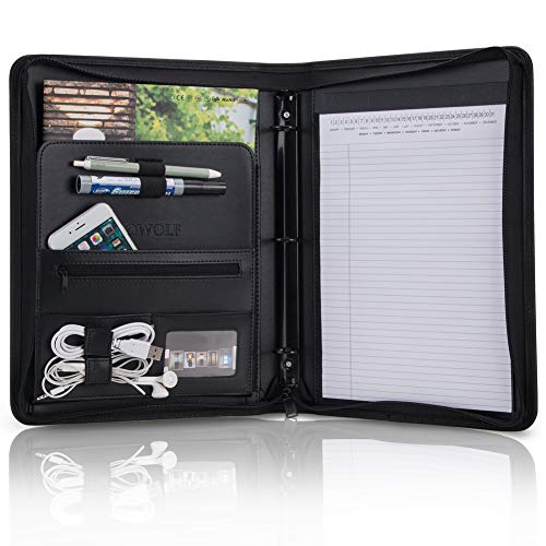 OOWOLF Cartella Portadocumenti Padfolio A4 Pelle di Cerniera Impermeabile 8.5 x 11 Inch,Blocco Note Incluso,per Conferenze per la Scuola e il Lavoro di Colore Nero