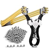 PRAKTISCHES SET: Steinschleuder-Set mit Schleuder aus Stahl, mit Gummiband und weiteren 100 Sports Funshop Stahlkugeln Munition für lang anhaltenden Schieß-Spaß