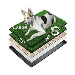 MEEXPAWS Dog Grass Pee Pads for Dogs with Tray , Large Size 34 by 23 in , 2 Dog Artificial Grass Pads , Indoor Dog Litter Box