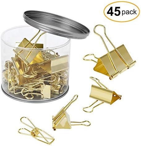 CRUODA Binder Clips, Gold, Assorted Sizes, 45 Clips in Tub