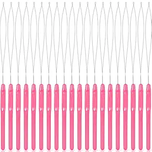 20 Pieces Hair Extension Loop Needle Threader Pulling Hook Needle Bead Device Tool for Hair or Feather Extensions Supplies, DIY Hook Tool Loop Tools (Pink)