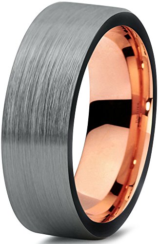 Tungsten Wedding Band Ring 6mm for Men Women Black & 18K Rose Gold Pipe Cut Brushed Polished Lifetime Guarantee
