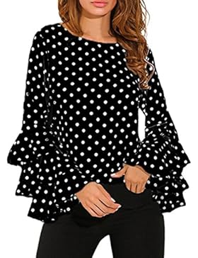 Damen Bluse Langarm Elegant, Dasongff Damen Langarmshirt Trompetenärmel T-Shirt Sweatshirt Lose Polka Dot Shirt...