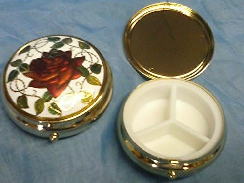 ROUND PILL BOX GOLDPLATED - RED ROSE - FLAT - BNIB- 5CM - 3 COMPARTMENTS.