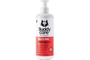 Buddycare Champú para Gatos contra pulgas y garrapatas - Elimina pulgas, garrapatas y ácaros - Champú de Limpieza Profunda para Perros, Champú para pulgas de árbol de té y eucalipto para Perros 500ml