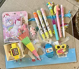 GoMerryKids Unicorn File Folder for Girls Kids with 12 Stationery Items - Character Pens Pencils Erasers Sharpeners