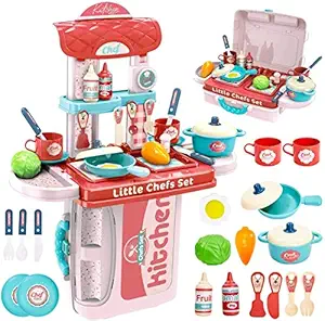 VBE Kid Pretend Play New Toy 3 in 1 Kitchen Set Kids Girls Portable Kitchen Set Toys for Girls with Realistic Lights & Sounds & Kitchen Accessories Set for 3 Year Old Girl (Multi)