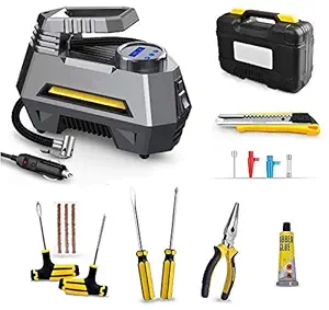 EzLife Portable Air Compressor Tire Inflator EL-3631, Bright Emergency Flashlight for Cars, Trucks (Portable Air Compressor + Tire Repair Kit with Tool Box)