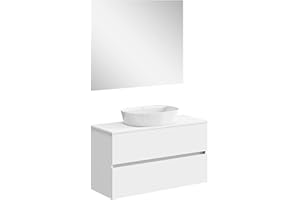 Baikal Mueble de Baño Onyx. Mueble MONTADO, Mueble 2 cajones. Mueble Baño con Lavabo. Mueble Suspendido. Armario de Pared. Lavabo Cerámico. Incluye Espejo. 100cm Blanco.