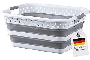 König Design Składany kosz na pranie 36 litrów, wytrzymały, wysokiej jakości, zajmuje mało miejsca, 61 x 44,5 x 25 cm, szaro-biały – uniwersalny pojemnik na pranie, kosz do przechowywania, organizer
