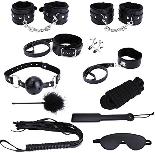 Catata 10 Piece Bed Restraints Kit with Adjustable Fur Leather Cuffs Blindfold for Cosplay