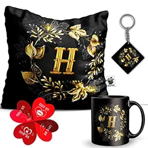 KivStar H Alphabet Letter Printed Mug + Keychain,Gift for Love,Birthday ,Wife, Husband, Girlfriend Boyfriend,Kids,Brother,Sister,Love Valentines Day and Anniversary. (Mug+Keychain+Card+Pillow)