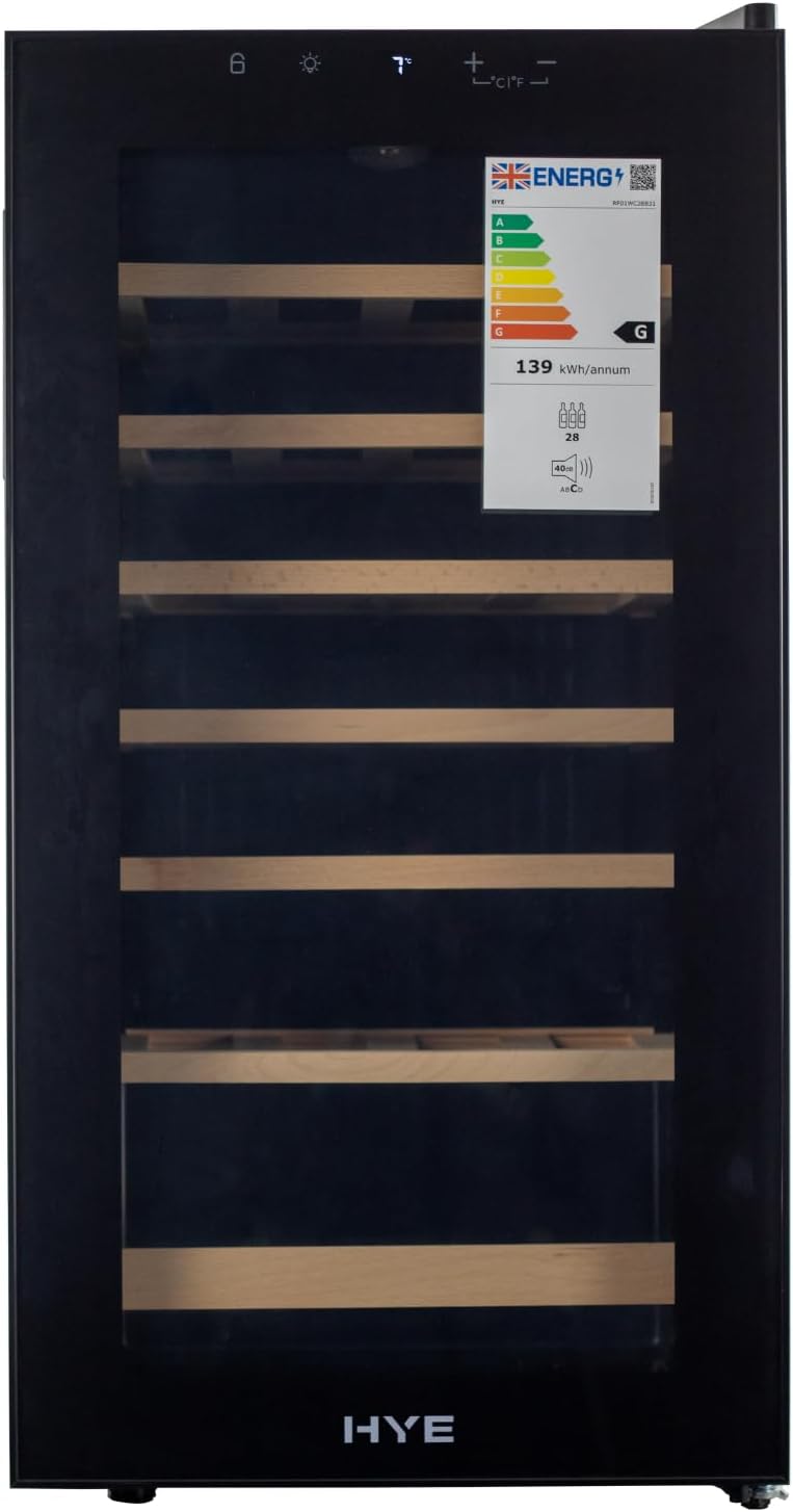 HYE Wine Cooler - Wine Fridge With 28 Bottle/88L Storage, 43CM Width, Wooden Shelves, LED Top Lighting, Temperature Range Adjustment, 40 dB Operation, Perfect For Collectors - RF01WC28B31