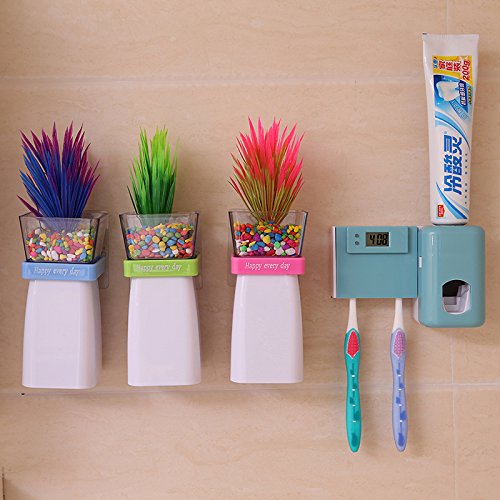 calistouk Badezimmer uesful Zubehör Doppel Automatische Zahnpasta Spender Halter mit Uhr blau - 2