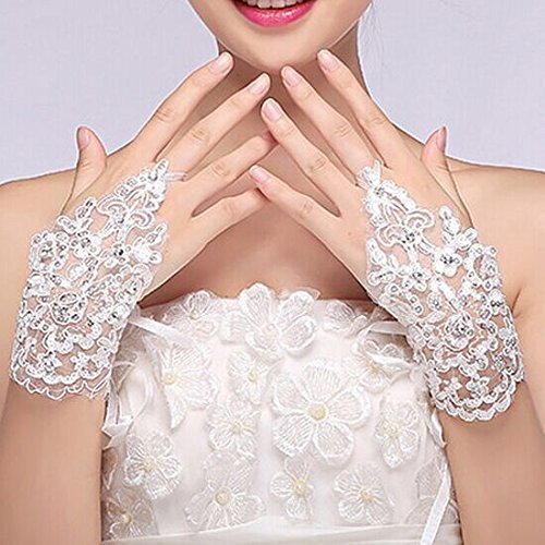 Exquisite Lace Fingerlose Strass Braut Handschuhe für Prom Hochzeit Party Kostüm - 3