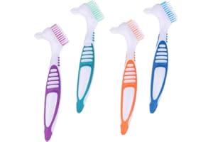 AKSIQIOL 4 Pcs Denture Brushes with Double Bristle Heads, Portable Retainer Cleaning Toothbrush for False Teeth, Includes Blue, Green, Purple, and Orange Brushes
