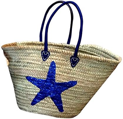 Long Handle Moroccan Blue Sequin Star Fish Beach Baskets Shopping Picnic Holiday Basket