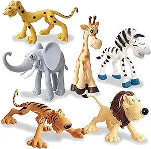 Tec Tavakkal Set of 6 Big Size Full Action Toy Figure Jungle Cartoon Wild Animal Toys Figure Playing Set for Kids Current Animals Lion Giraffe Elephant Tiger Toys for Children (Set of 6 Animal Toys)