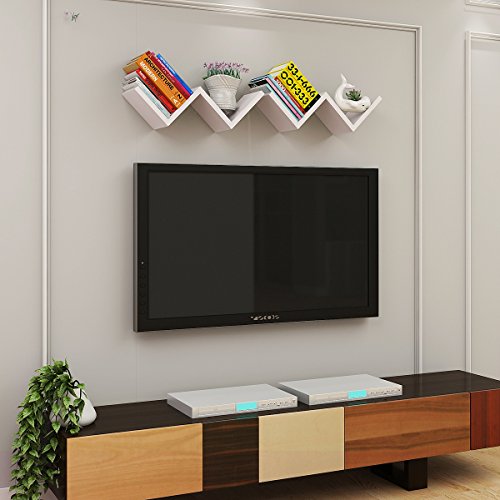 Costway 2er-Set Wandregal Bücherregal Dekoregal Wandboard Wandablage Wandschrank Holzregal Hängeregal W-Form Farbwahl (weiß) - 3
