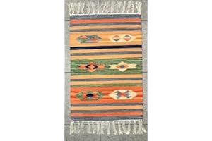 SpazioTessile - Tappeto Salotto, Cucina, Camera da Letto, Soggiorno, Ingresso Interno 100% Cotone Kilim, Stuoia Etnica Indiana Pelo Corto e Frange, Lavabile in Lavatrice - 40x60cm, Disegno E