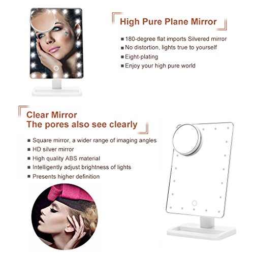 Ovonni L207A LED Touch Screen Kosmetikspiegel mit 10X Lupe 20 LEDs beleuchteter Schminkspiegel Rasierspiegel Dimmbar Batteriebetrieben weiß - 4