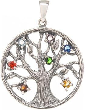 Weltenbaum Lebensbaum Yggdrasil Anhänger 925 Silber mit 7 Chakra Steine (Durchmesser 30mm) Motiv Dunkel