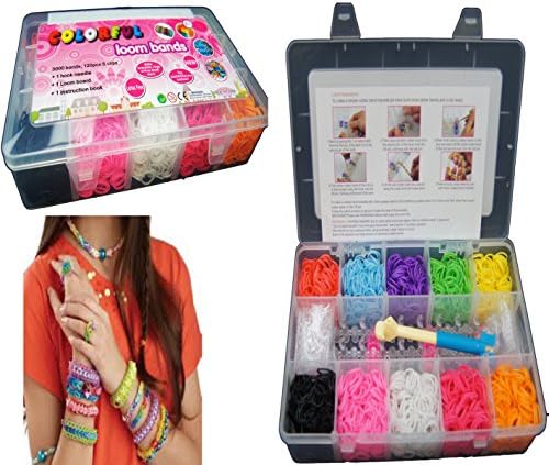 Pack of 3000 Colorful Loom Rubber Bands Bracelet Making Starter DIY Kit with 120 Clips, Needle, Loom Board, Instruction