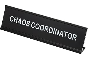 PATIKIL Funny Nameplate, 8"x2" Novelty Desk Sign Plaque Aluminum Desk Name Plate with Base for Office, Black White (Chaos Coordinator)
