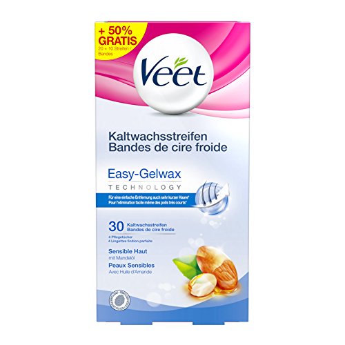 Veet Easy-Gelwax Technology Kaltwachsstreifen für Sensible Haut, Vorteilspack, 30 Stück (10 Stück gratis)