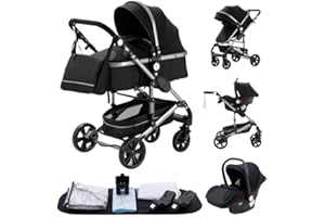 GLOKID Carrito bebé 3 Piezas, Carro, Carrito bebé 3 en 1, Silla Paseo, Sistema de viaje, Plegable, neumáticos de caucho, Con accesorios, Góndola, Adaptateurs, 25 kg (Negro)