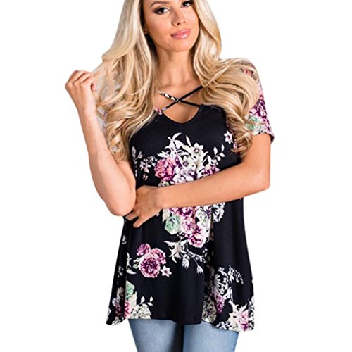 Preisvergleich Produktbild Internet Damen V-Ausschnitt Blumendruck Kurzarm Bluse (L, schwarz)