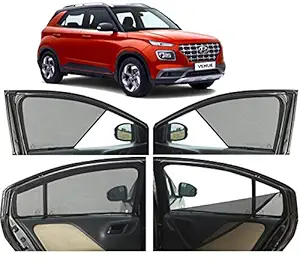 Autofact Half Magnetic Window Sunshades / Curtains for Hyundai Venue [Set of 4pc - Front 2pc Half Without Zipper ; Rear 2pc Full with Zipper] (Black)