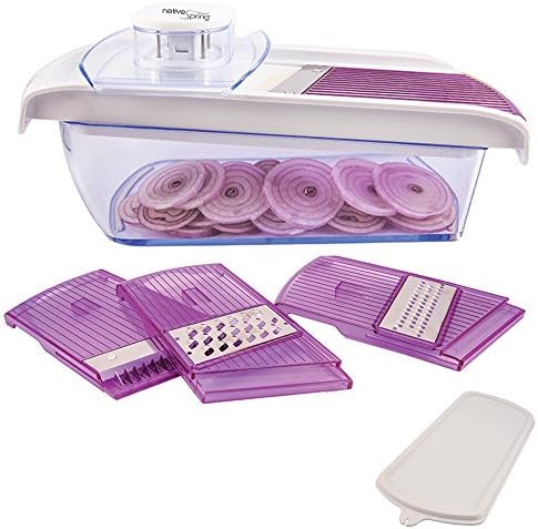 Native Spring Adjustable Mandoline Slicer Container and Lid with 4 Blades Cheese Vegetable Cutter Peeler Grater and Julienne Perfect Food Prep Tool Purple
