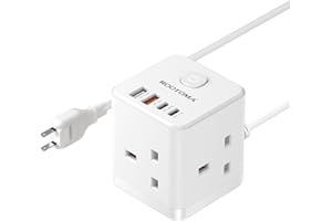 ROOTOMA Japan Travel Adapter 3 Way 4 Fast Charging USB (QC3.0/PD20W) with 1.5M Extension Cable Compact Cube UK to Japan Plug Adapter