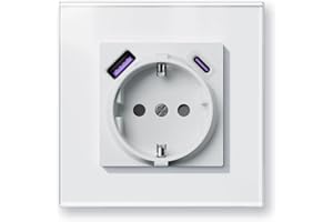 BSEEDLIFE Enchufe Pared,Enchufe Pared con USB/USB-C Normas Europeas Schuko,86 * 86mm 1 Gang 16A,Carga Rápida de 20 W,Marco de Cristal,Fácil Instalación,Blanco