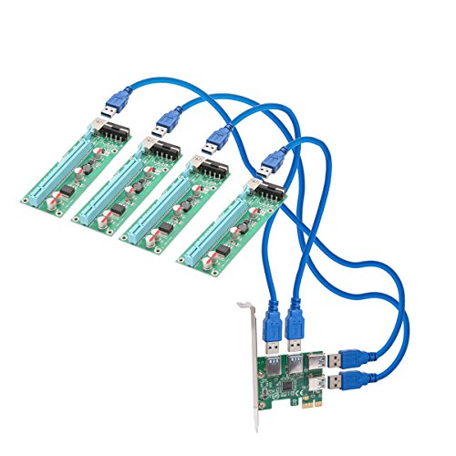 IO Crest 4 Port PCI-E x1 Transfer Adapter to Powered x16 USB 3.0 Riser Adapter Card Extension Cable - Green