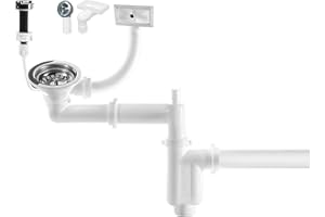 Manestein Ablaufgarnitur, Küchenspülenablauf-Set, Siphon mit Überlauf, mit Auto Spülen-Siebkorbventil 3,5", für Einbeckenspüle, Anschluss an Wasch- oder Spülmaschinen