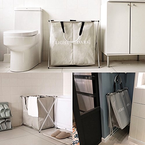 IHOMAGIC Double Sections Light and Dark Laundry Basket – Sturdy Aluminum X-Frame – Large Capacity – Folding Washing Clothes Storage Bins Hamper, Grey - 6