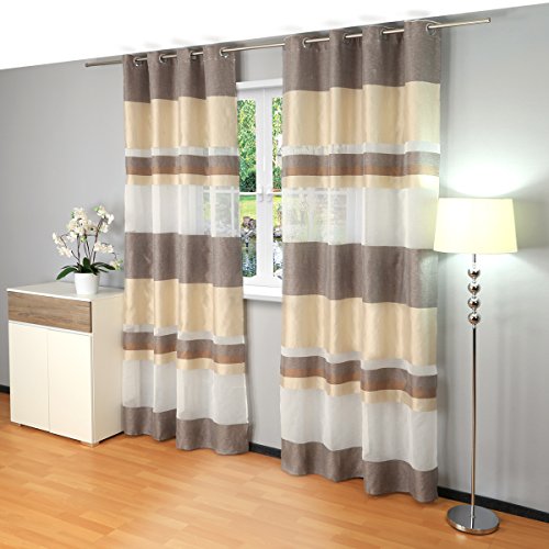 Gräfenstayn Ösenvorhang / Dekoschal Stripe 140x245 cm – halbtransparent – Vorhang Gardine Voile Batist (Braun / Beige)
